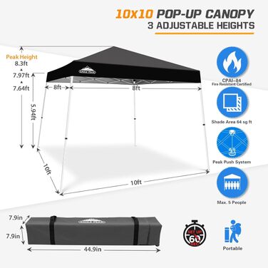 Павільйон садовий EAGLE PEAK 3x3м з похилими ногами, UV 50+, водонепроникний, складаний, для кемпінгу, вечірок (чорний)
