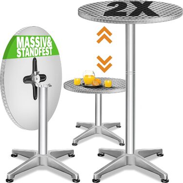 Стіл Casaria® 2в1: регульована висота, складний, 70/5 см, алюміній, Ø 60 см, для вулиці та дому