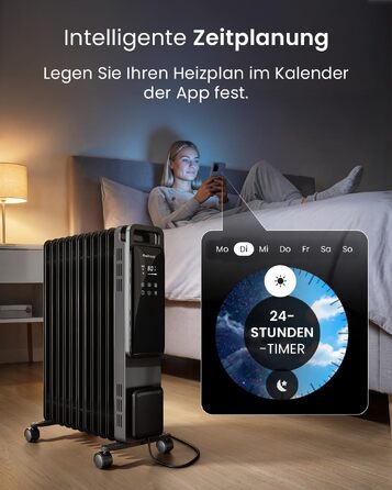 Розумний електричний масляний радіатор Pro Breeze 2500W, 11 секцій, з керуванням через Wi-Fi (Smart App), таймером на 24г, термостатом та сенсорним дисплеєм, чорний
