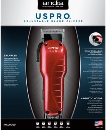 Машинка для стрижки волосся Andis 66220 US-1 PRO, з регульованим лезом і 6 насадками, для вологого і сухого волосся, провідна та акумуляторна, червона