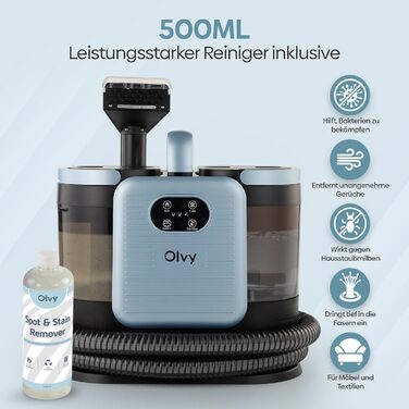 Olvy Teppichreiniger PRO: професійний пароочисник для килимів та м'яких меблів, 1650W. Включає миючий засіб. Підходить для чищення диванів, матраців та оббивки.