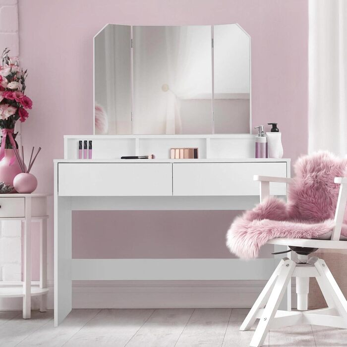 Білий туалетний столик ML-Design з трисекційним дзеркалом, 2 шухлядами та 3 відкритими полицями, 100x40x140 см, сучасний косметичний стіл