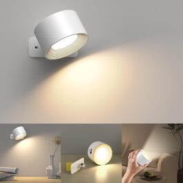 Світильник настінний з акумулятором, LED, 3 кольори, 3 рівні яскравості, 360° обертання, сенсорне керування, бездротовий, білий