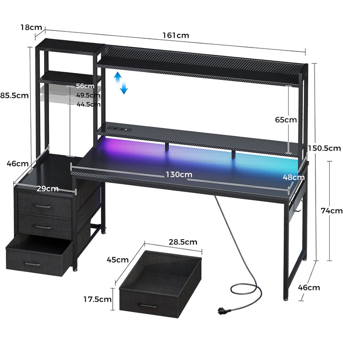Ігровий стіл Coleshome з полицями та шухлядами, 161×48 см, з LED-підсвіткою, розеткою та підставкою для монітора, вуглецеве волокно (Carbon Fiber), чорний