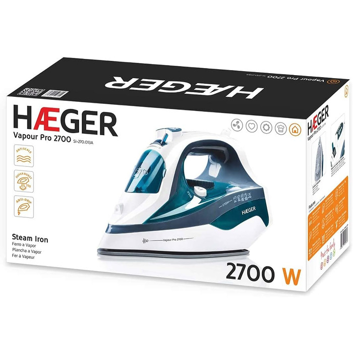 Парова праска HAEGER VAPOUR PRO 2700 Вт, керамічна підошва, антинакіпна система, захист від протікання, самоочищення, вертикальний пар, 45 г/хв