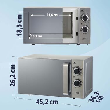 Мікрохвильова піч KHG MW-20.1GSS з грилем 20 л, металева, срібляста, 1200 Вт, 5 режимів потужності, 3 комбіновані, з дзеркальними дверцятами, решіткою, тарілкою та функцією розморожування