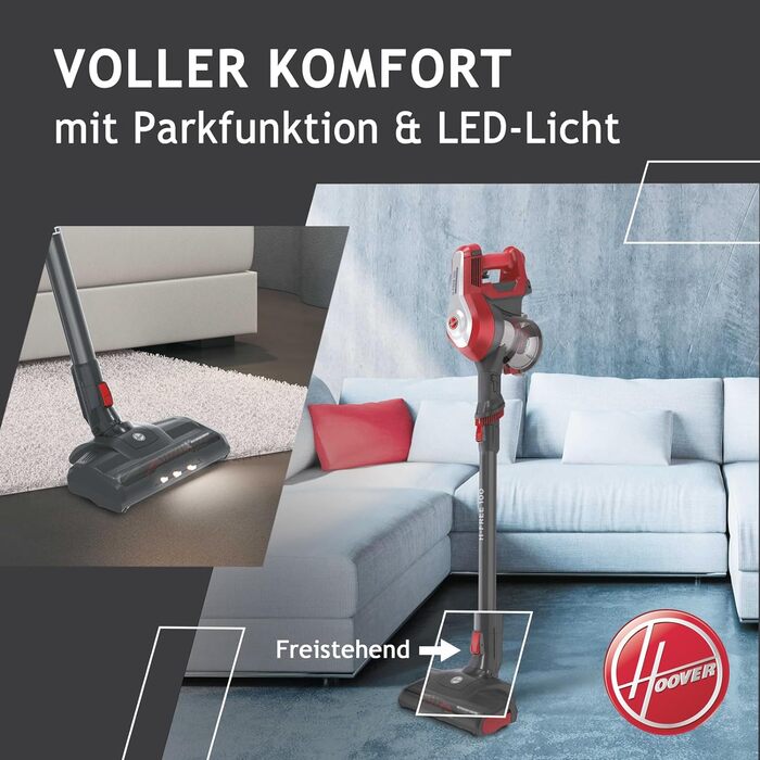 Пилосос акумуляторний Hoover H-FREE 100 HOME без мішка, до 40 хв роботи, бездротовий, з LED-підсвіткою, XL контейнером для пилу, паркувальною функцією, щілинною насадкою та щіткою, червоний/титановий
