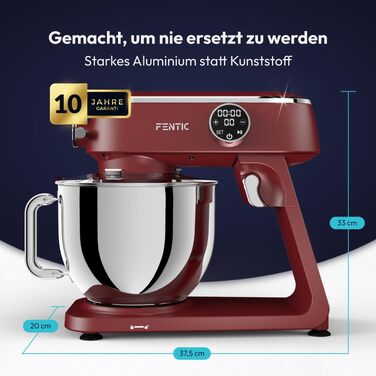 Планетарний міксер Küchenmaschine 1800W з чашею з нержавіючої сталі 7л, тістоміс для хліба та піци, 10 швидкостей з таймером, набір насадок та захисним екраном (Червоний)