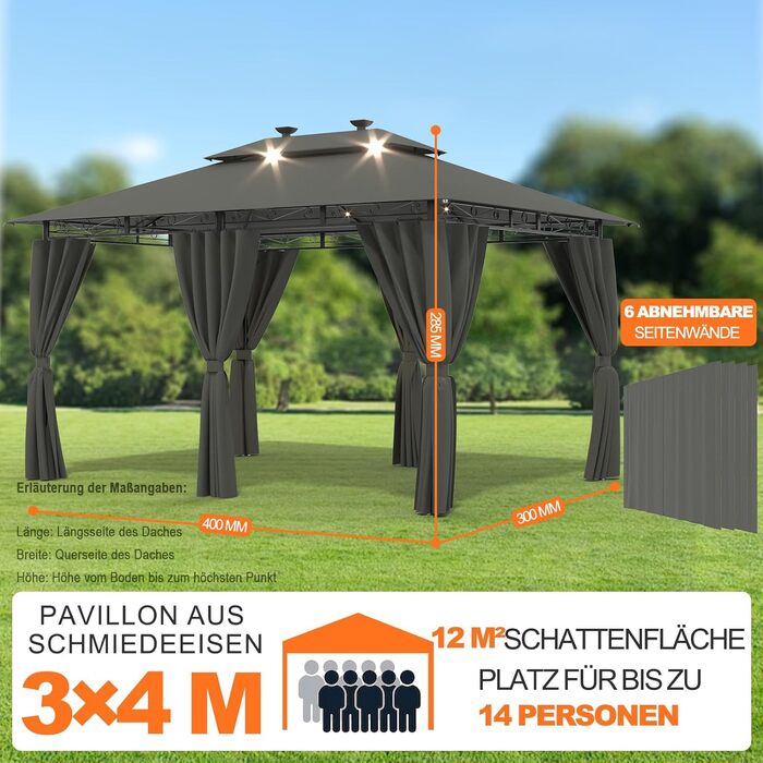 Альтанка садовий Devoko 3x6 м, водонепроникна, зимова, з LED, сіра. Пергола для вечірок до 20 осіб, захист UV 50+