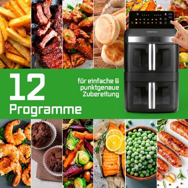 Аерофритюрниця GOURMETmaxx AirGenius 10L з двома камерами (2x5Л), сенсорним керуванням та 10 програмами приготування, для 8 осіб