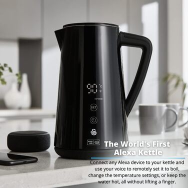 Електрочайник Swan Alexa Smart 1,5 л, WiFi, сенсорний LED-дисплей, підтримка температури, ізольована сталева колба, 1800 Вт, чорний, SK14650BLKN, британська вилка