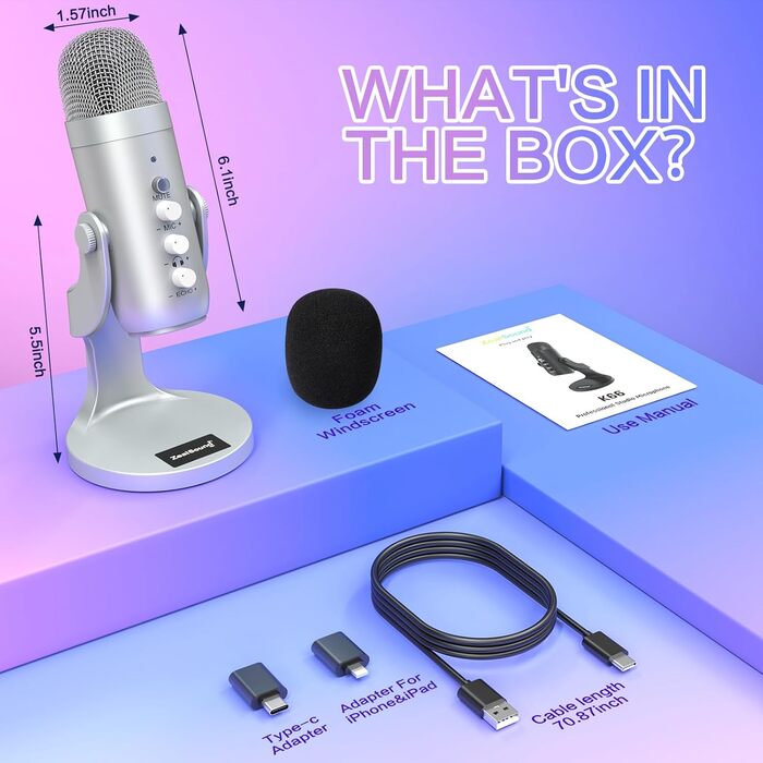 Zealsound USB мікрофон K66 сріблястий для подкастів, ПК, смартфонів, PS4/5, з шумозаглушенням, кнопками вимкнення/ехо/гучності, для ігор, запису, стрімінгу, YouTube, сумісний з Mac, Windows, Android
