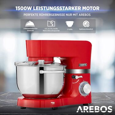 Кухонна машина Arebos 1500W з двома чашами з нержавіючої сталі (4.5L та 5.5L) | Кухонний міксер з набором насадок (крюк для тіста, вінчик, гак для збивання) та захистом від бризок | 6 швидкостей
