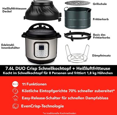 Мультиварка-скороварка Instant Pot Duo Crisp 11-в-1 з аерофритюрницею, 7,6 л, електрична, для смаження, тушкування, запікання, приготування на парі, sous vide, дегідратор, срібляста