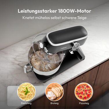 Планетарний міксер Küchenmaschine 1800W з чашею з нержавіючої сталі 7л, тістоміс для хліба та піци, 10 швидкостей з таймером, набір насадок та захистом від бризок (Чорний)