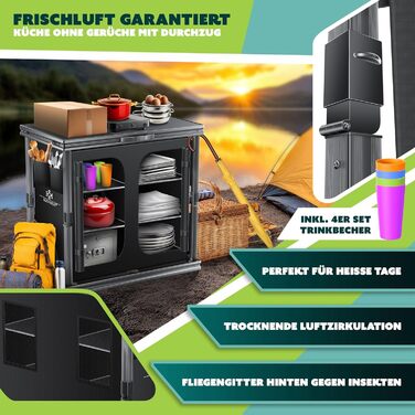 Кемпінгова кухня KESSER®: розкладний шафка 84x80 см з алюмінієвим каркасом, 6 відділень (вкл. набір з 4 кухлі), бокові кишені та москітна сітка. Чорний, з UV-стійкої тканини.