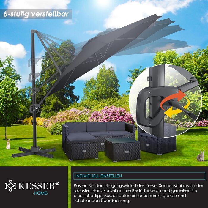 Сонячна парасоля KESSER® XL 330 см, кругла, з чохлом, вітрозахистом, 7-позиційне регулювання, нахил, обертання 360°, з ручкою, UV50+, чорна для саду