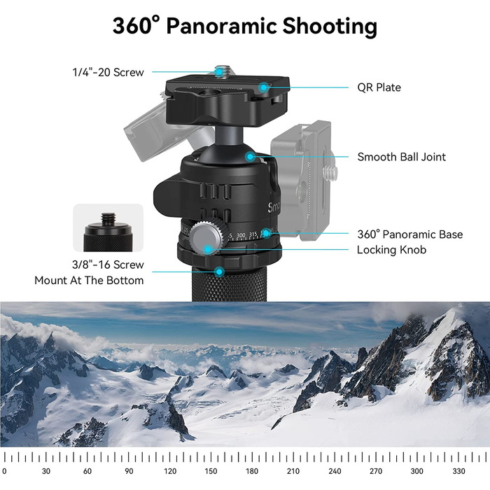 SMALLRIG Легкий компактний штатив з вуглецевого волокна з моноподом, 360° кульова голівка, швидкознімна платформа, навантаження до 12 кг – 4060