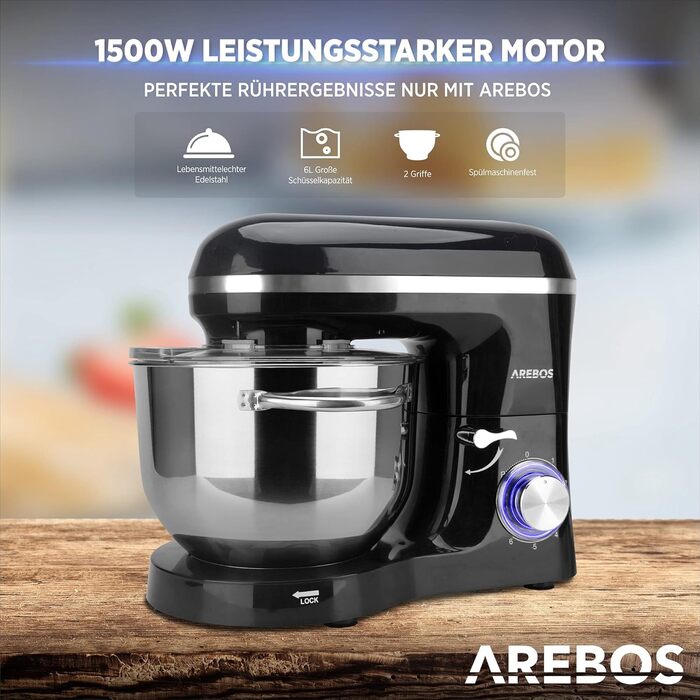 Кухонна машина Arebos 1500W з чашею 6L з нержавіючої сталі, чорна | Змішувач, гак для тіста, вінчик | Кришка від бризок | 6 швидкостей | Кухонний комбайн | Машина для тіста