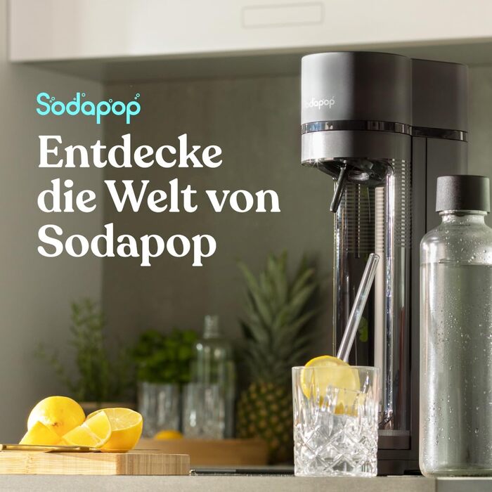 Сифон для газування води Sodapop Logan, набір з 2 скляними пляшками (850 та 600 мл) та 1 PET-пляшкою (850 мл), матовий чорний, висота 42.6 см (без балона CO₂)