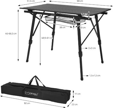 Складаний кемпінговий стіл ML-Design, чорний, 90x51,5 см, алюмінієвий, регульована висота 46-66,5 см, навантаження до 30 кг, розкладна стільниця, для саду, балкона та подорожей