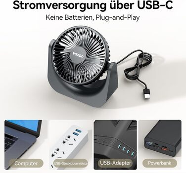 VOXON USB Настільний вентилятор міні з 5 швидкостями, тихий USB-вентилятор з кабелем 1.5м для офісу, дому, спальні. Без батарейок, сірий