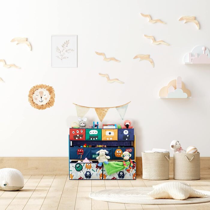 Дитяча полиця Relaxdays з 9 текстильними коробами, монстри, 70x92,5x30 см, іграшковий органайзер для кімнати, синій, бірюзовий, оранжевий