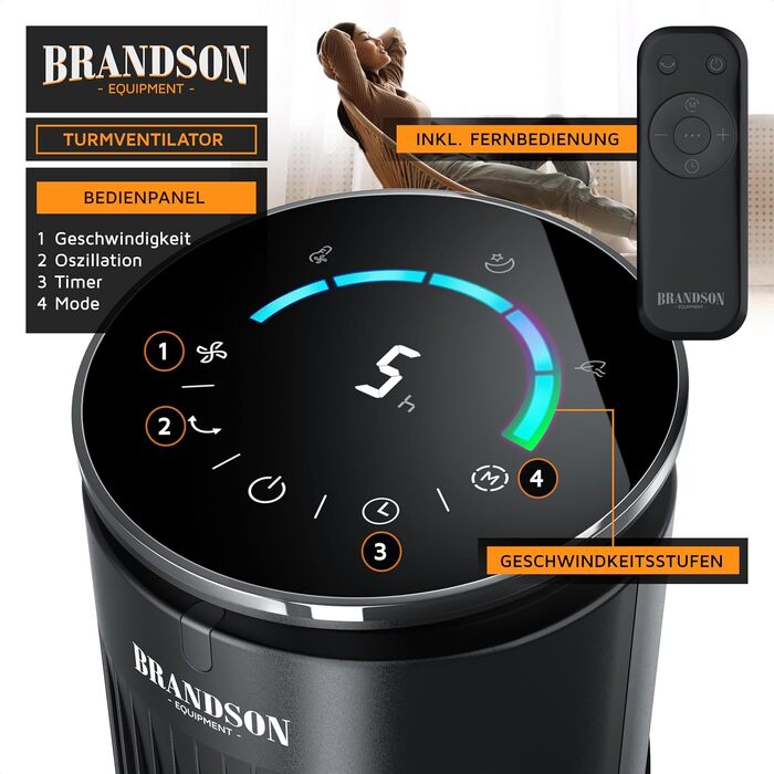 Вентилятор вежний Brandson з пультом, аромадифузором, нічним режимом, таймером, 5 швидкостей, LED дисплей