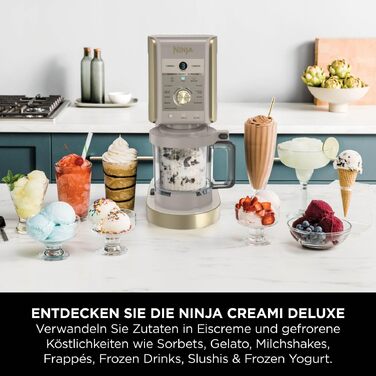 Ninja CREAMi Deluxe NC502EUSTGD – Морожениця, сорбетороб, шейкер для смузі та замороженого йогурту (2 контейнери, 10 функцій, золотий)