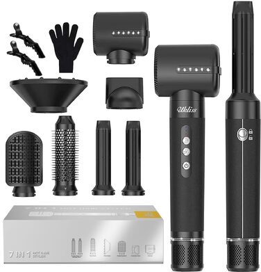 Hairstyler UKLISS Pro 7-в-1 з іонізацією: фен-щітка, кругла щітка, аеробраш для створення локонів (Чорний)