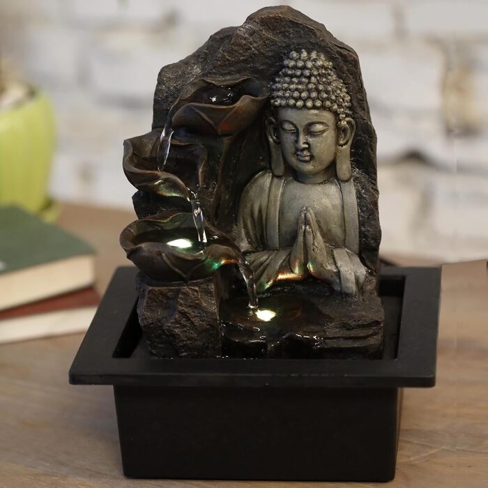 Джерело Zen'Light Zimmerbrunnen з Буддою та LED-підсвіткою - Сучасна декор для медитації та релаксації, Фен-Шуй, 26 см, горіх