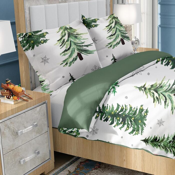 Комплект зимової постільної білизни WONGS BEDDING з новорічним принтом (Санта-Клаус), м'яка мікрофібра, 200x200 см, зелений з ялинкою (підковдра та наволочка 80x80 см)