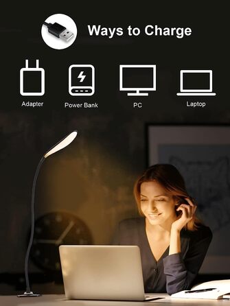 CRLL LED лампа з кліпсою USB для читання, настільна лампа з захистом очей, діммер, 5 кольорів і 5 рівнів яскравості, нічник для дітей, ідеальна для читання, малювання, шиття, манікюру