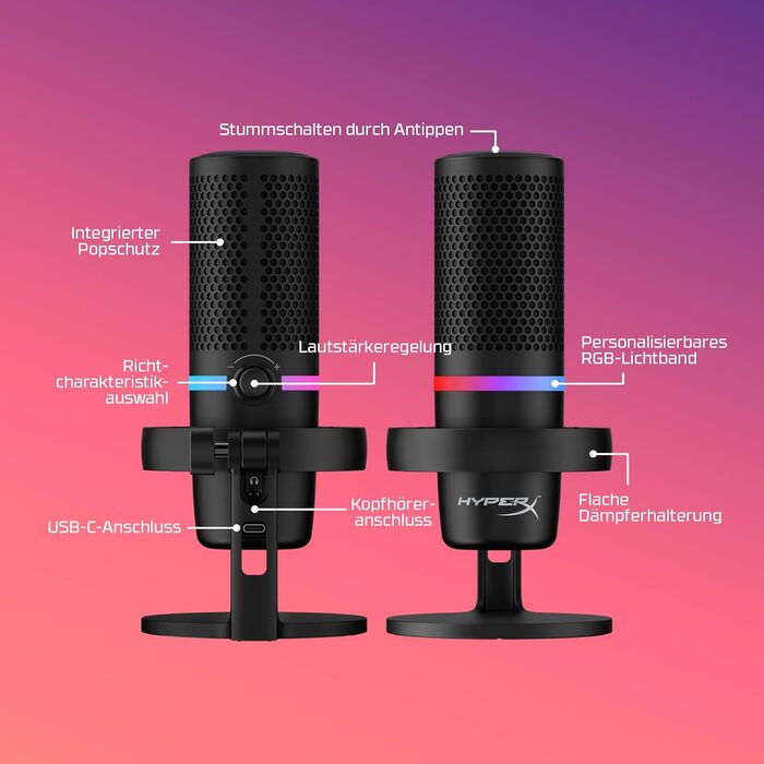 HyperX DuoCast USB конденсаторний мікрофон з RGB підсвіткою, вбудованим поп-фільтром, антивібраційним кріпленням, регулюванням підсилення, сумісний з ПК, PS5, PS4, Mac, чорний