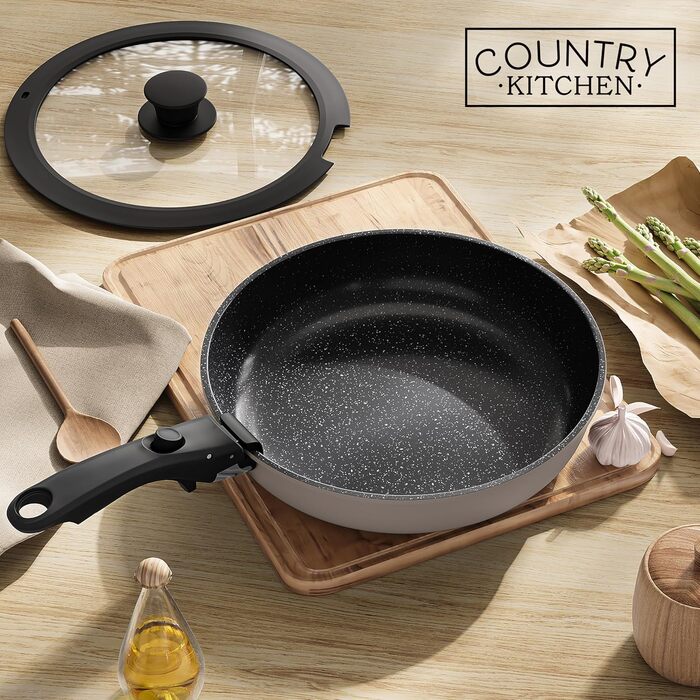 Набір посуду Country Kitchen 16 предметів: каструлі та сковорідки з антипригарним покриттям, знімними ручками Soft-Touch, для кемпінгу та приготування їжі в духовці (сірий)