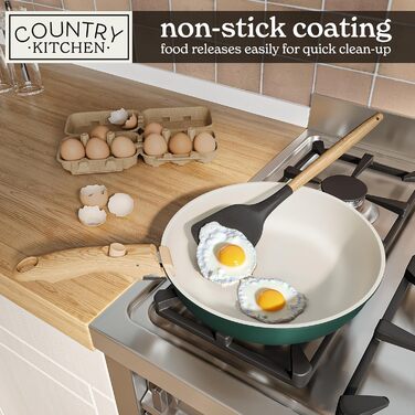Набір посуду Country Kitchen 16 предметів: каструлі та сковорідки з антипригарним покриттям, знімними ручками Soft-Touch, для дому та кемпінгу, придатний для духовки (сіро-зелений)
