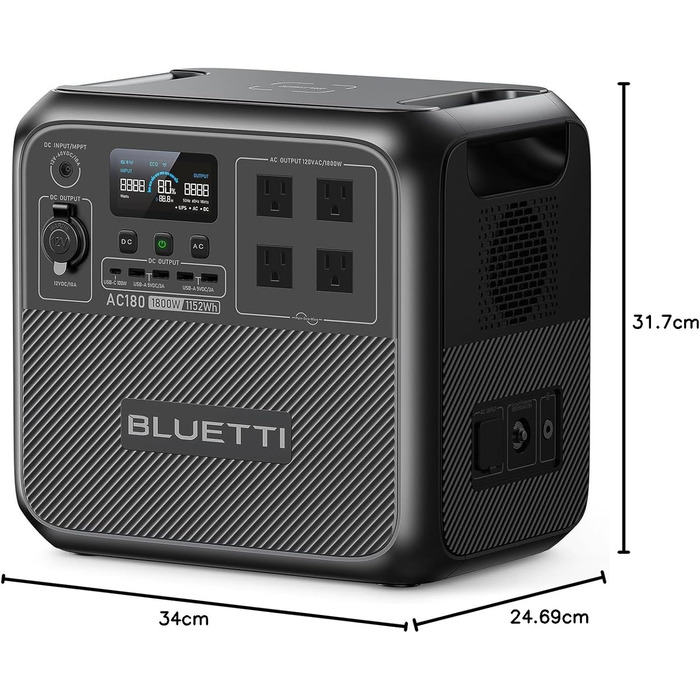 Портативна електростанція BLUETTI AC180, ємність 1152 Wh, номінальна потужність 1800 W, пікова потужність 2700 W