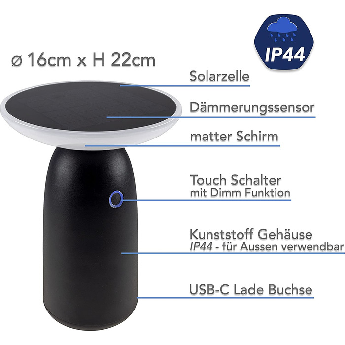 Сонячна настільна лампа ChiliTec з акумулятором, IP44, 22,5 см, диммована, USB-C, сенсор сутінків, тепле світло