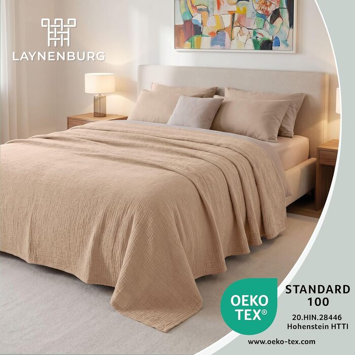 Преміум муслінова ковдра LAYNENBURG 150x200 см, 100% бавовна, м'який плед на диван та ліжко, бежевий пісок