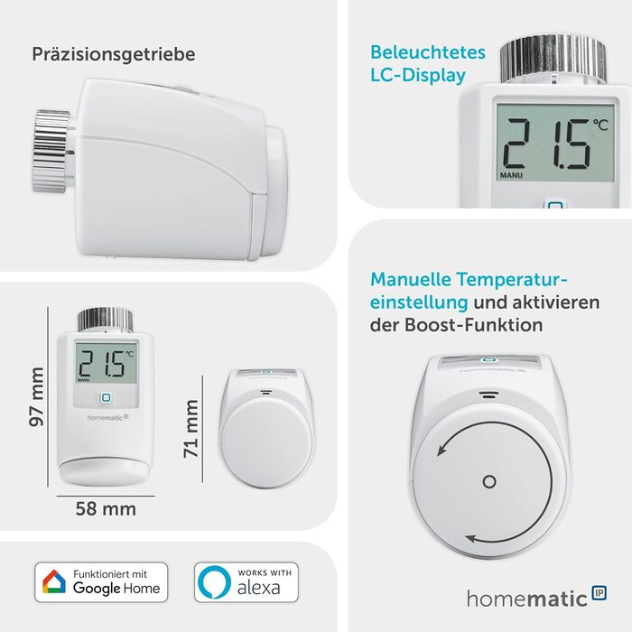 Homematic IP Термостат на радіатор Smart Home, 3 шт. - Цифровий термостат для опалення з керуванням через додаток, сумісний з Alexa та Google Home, легкий монтаж, економія енергії (153412A3)