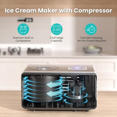 Морожениця з компресором 2л, нержавіюча сталь 150W, самоохолоджувана, зі знімним контейнером та лопаткою для морозива