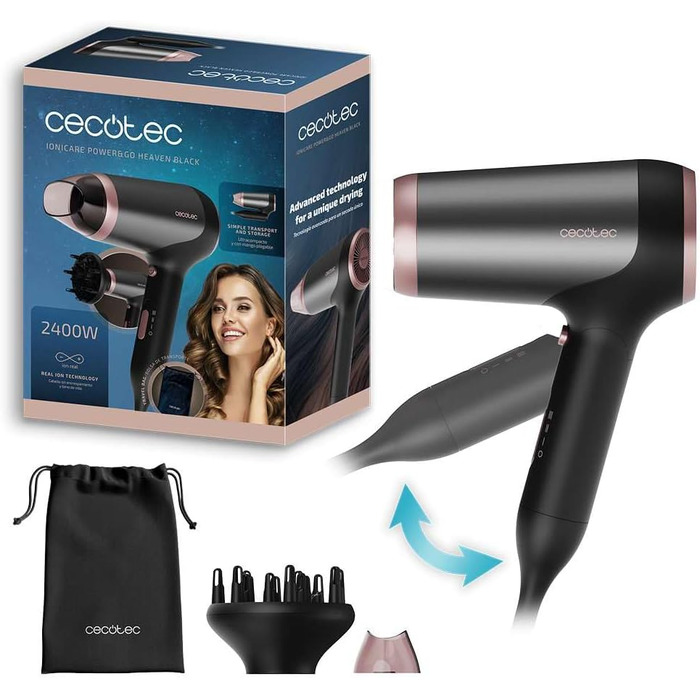 Фен для волосся Cecotec IoniCare Power&Go Black, 2400 Вт, з іонізацією та сумкою для зберігання, чорний