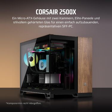 Корпус для ПК CORSAIR 2500X mATX, подвійна камера, загартоване панорамне скло, сумісний з реверсивним підключенням материнської плати, без вентиляторів, чорний/горіх