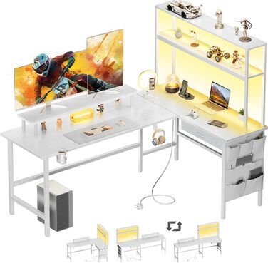 Ігровий стіл кутовий L-подібний з 3 розетками та 2 USB, LED підсвітка, стіл для комп'ютера з ящиками та підставкою для монітора, 150 x 100 см, білий