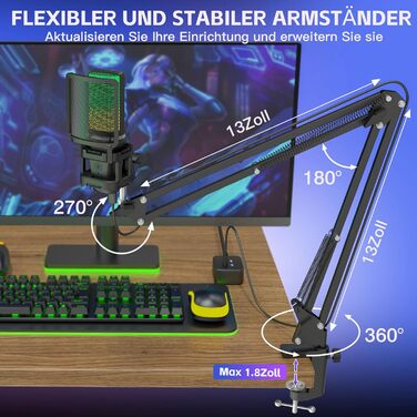 USB мікрофон Zealsound з підставкою та RGB підсвічуванням для iPhone, ПК, Mac, смартфонів і PS5, з функцією вимкнення звуку, штативом, бум-стійкою (2 тримачі та 2 адаптери), для ігор, подкастів, стрімінгу Twitch, YouTube, TikTok на Windows та Android