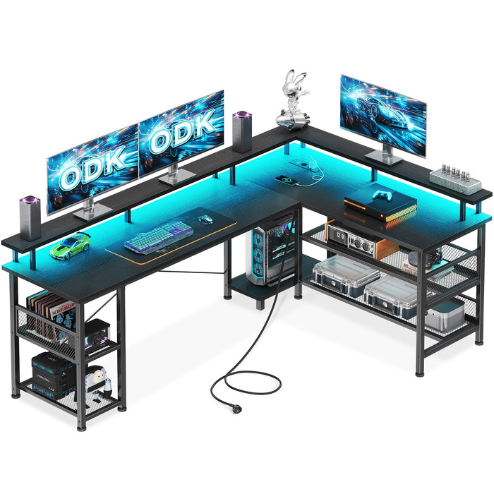 Ігровий кутовий стіл ODK з LED-підсвіткою та USB-портом, 168×120 см, вуглецеве волокно, чорний