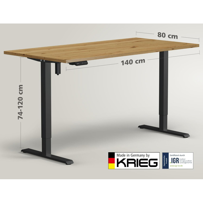Електричний стіл KRIEG HighDesk SMART з регулюванням висоти 140x80 см, чорний/дуб - стіл для роботи сидячи та стоячи