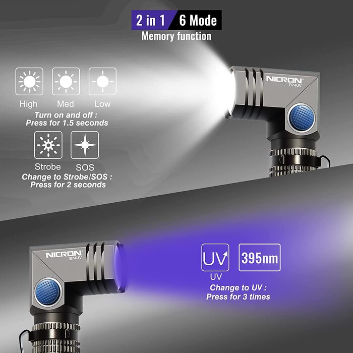 NICRON UV ліхтарик LED, 700 люмен, 90°, акумуляторний, 395нм, магніт, детектор плям сечі собак і котів, B74UV, білий та ультрафіолетовий світло