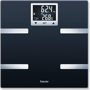 Діагностичні ваги Beurer BF 720 з Bluetooth, визначення ваги, жиру, м'язів, калорій, чорні, LCD-дисплей, тонкий дизайн