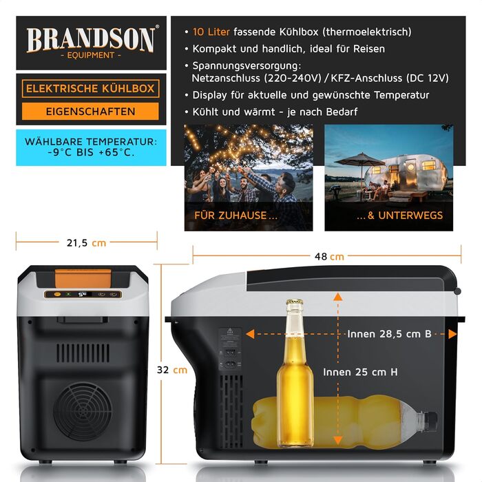 Електричний автохолодильник Brandson 10L (230V/12V) з функцією охолодження та підігріву до 65°C, Cool Grey Schwarz